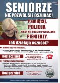 Plakat ostrzegający o tym, że policja nie prosi o pieniądze. Plakat kampanii ostrzegającej osoby starsze.