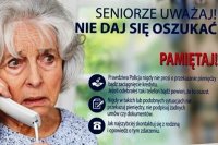 Plakat akcji przeciwko oszustom działającym metoda na wnuczka i policjanta. Widzimy twarz starszej pani ze słuchawka telefoniczną.