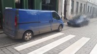 Dostawczy renault zaparkował na oznakowanym przejściu dla pieszych i chodniku.