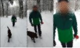 Trzy zdjęcia tego samego męzczyzny - spacerującego w zaśniezonym lesie.