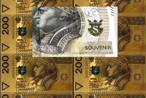 Grafika przedstawiająca banknot 200 złotowy  z napisem Suvenir