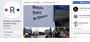 Widok zapisku na stronie facebooka Europejskiej Organizacji Ruchu Drogowego - napis - baner komenda miejska policji i gliwiccy policjanci prowadzą edukacje dzieci.