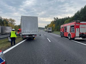 Jezdnia autostrady, po lewej policjantka, dalej samochód dostawczy przy kabinie którego pracują ratownicy. Po prawej wóz strażacki, dalej samochód ciężarowy.