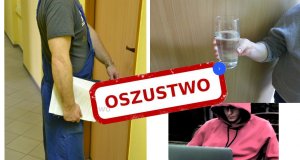 Grafika, po lewej mężczyzna w stroju roboczym, po prawej na górze ręka ze szklanka wody, poniżej młody zakapturzony mężczyzna przy laptopie. Na środku napis &quot;oszustwo&quot;.