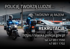 Dwaj policyjni motocykliści - w tle katowickie spodek. Napis &quot;policję tworzą ludzie... twórzmy ja razem&quot;