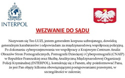 Spreparowane wezwanie do sądu. PO lewej logo interpol po prawej polskie godło.