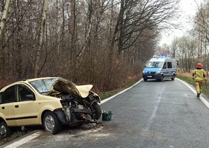 PO lewej rozbity fiat panda, dalej w tle na drodze stoi policyjny furgon do którego idzie strażak.