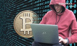 Zakapturzony mężczyzna przy laptopie, w tle symbol wirtualnej waluty bitcoin