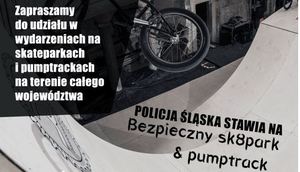 Grafika przedstawiająca fragment roweru na torze skateparku i napisy bezpieczny skatepark