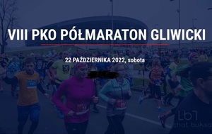 Grafika przedstawiająca biegnących ludzi oraz napis VII PKO Półmaraton Gliwicki Gliwicki