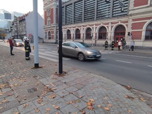 Strażacy po obu stronach przejścia dla pieszych. Ulicą jada samochody.