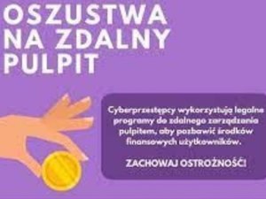 Na zdjęciu grafika z napisem - oszustwa na zdalny pulpit. Reka z monetą w palcach.