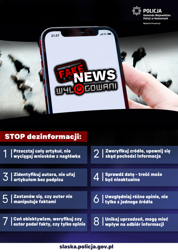 Ulotka z grafiką obrazująca telefon komórkowy typu smartfon z napisem uwaga na fake news