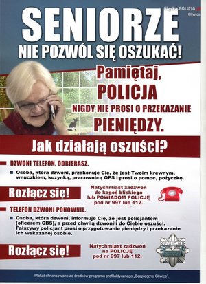 Plakat prewencyjny z wizerunkiem staruszki rozmawiającej przez telefon oraz napisem - seniorze nie daj się oszukać