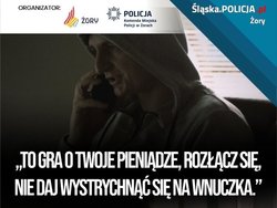 Na zdjęciu grafika przedstawiająca zakapturzonego mężczyznę rozmawiającego przez telefon i napis &quot;to gra o twoje pieniądze, nie daj się wystrychnąć na wnuczka&quot;