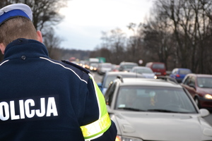 Na zdjęciu widzimy policjanta drogówki oraz sznur pojazdów.