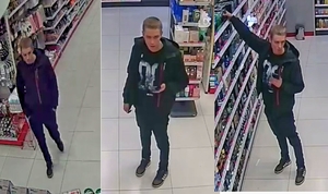 Na zdjęciu zdjęcie z trzema ujęciami tego samego mężczyzny kradnącego w sklepie drogeryjnym