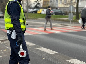 Na zdjęciu policjant drogówki z lizakiem stojący przy ulicy. W tle przejście dla pieszych i przechodząca osoba.