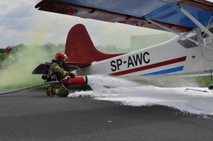 w centralnym punkcie zdjęcia jet widoczna tylna część niewielkiego, osobowego samolotu w kolorach czerwono-biało-niebieskim, który jest gaszony przez strażaka (w pozycji przykucniętej, z butlą na plecach i maską na twarzy) oblewającego podwozie wymienionego samolotu specjalistyczną pianą pożarniczą.