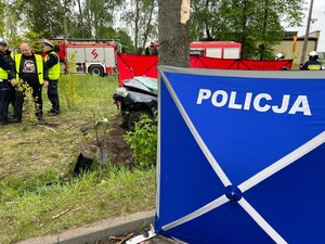 Na zdjęciu widzimy policyjny parawan za nim drzewo, fragment przodu aura i po lewej policjantów drogówki.