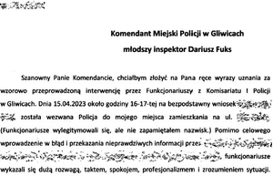 Zdjęcie tekstu listu od obywatela chwalącego profesjonalne i sprawiedliwe podejście przy badaniu sprawy.