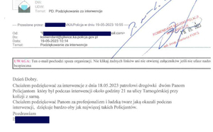 Zdjęcie e maila w którym kierowca dziękuje policjantom drogówki w profesjonalnym obsłużeniu zdarzenia na ul. Tarnogórskiej - kolizji z sarną.
