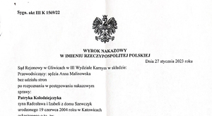 Nagłówek wyroku skazującego Patryka Kołodziejczaka - widzimy godło Polski i napis wyrok w imieniu Rzeczypospolitej Polskiej