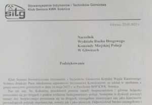 Nagłówek listu podziękowania dla młodszego aspiranta Szymona Kołodzieja z wydziału Ruchu Drogowego Policja Gliwice