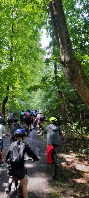 Zdjęcie przedstawia jadących rowerzystów (zdjęcie zrobione od tyłu) po drodze leśnej w parku miejskim w Zabrzu. Wśród kolarzy można zauważyć dzieci z rodzicami, młodzież i osoby dorosłe.