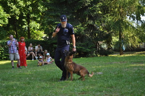 Zdjęcie z pikniku policyjnego, zrobione na terenach zielonych przy Klubie Garnizonowym w Gliwicach, na pierwszym planie widzimy spacerującego umundurowanego policjanta z psem policyjnym, a w oddali prowizoryczną strzelnicę na broń na śrut.