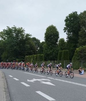 Na zdjęciu widoczny peleton kolarski jadący ulicą.