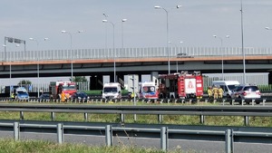 Zdjęcie ukazujące wszystkie służby ratunkowe, pojazdy od lewej - policji, straży pożarnej, karetki pogotowia. Pojazdy i funkcjonariusze oraz ratownicy znajdują się na pasie autostrady.