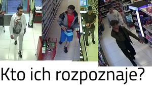 Cztery zdjęcia z pięcioma mężczyznami kradnącymi w drogerii. Pod spodem napis Kto rozpoznaje?