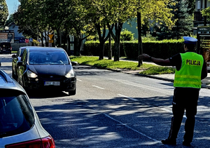 Na zdjęciu ulica. Policjant daje znak ręka nadjeżdżającemu samochodem marki Ford kierowcy do zjechania na pobocze.