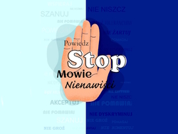 Grafika z dłonią w geście - stop mowie nienawiści.