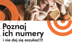 Grafika przedstawiająca staruszka rozmawiającego przez telefon i napis znam te numery