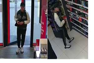 Na zdjęciu dwa ujęcia młodego mężczyzny, który podejrzany jest o kradzież w sklepie drogeryjnym.