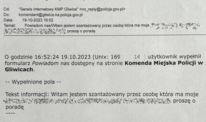 Na zdjęciu widzimy skan wiadomości e-mail - anonimowej w której osoba niepodpisana prosi o pomoc w sprawie szantażu.