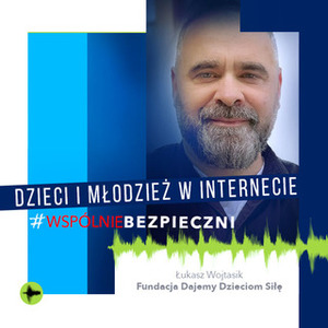 Grafika przedstawiająca twarz mężczyzny w średnim wieku - wykładowcy oraz napis Dorośli i dzieci w Internecie