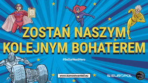 Plakat akcji z widocznymi bohaterami kreskówek typu superman oraz napis Zostań naszym nowym superbohaterem