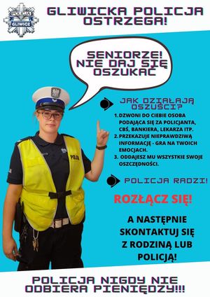 plakat na którym policjantka ruchu drogowego informuje że policja nigdy nie prosi o pieniądze.