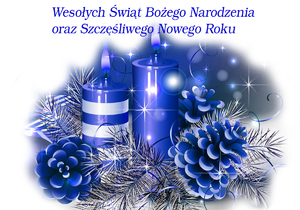 Na zdjęciu stroik świąteczny - bombki i gałązki świerku i napis wesołych świąt Bożego Narodzenia i szczęśliwego Nowego Roku.