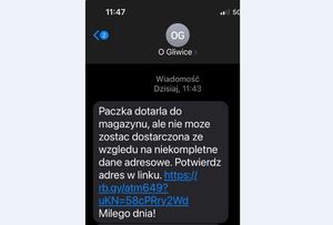 Na zdjęciu  wiadomość sms z linkiem do fałszywej strony Poczty Polskiej