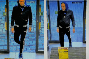Na zdjęciu widzimy złożenie dwóch zdjęć z tym samym mężczyzna wchodzącym do sklepu RTV.