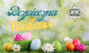 Kartka świąteczna z charakterystycznymi symbolami jajeczek i napis bezpieczna Wielkanoc