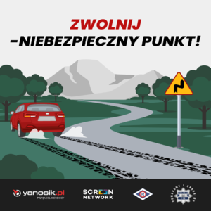 Grafika samochodu wyjeżdżającego poza drogę na zakręcie z napisem - Zwolnij - niebezpieczny punkt.