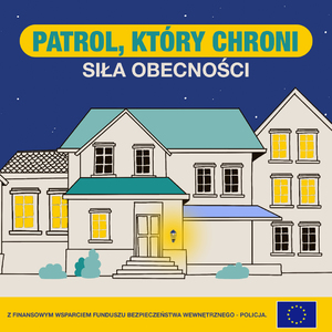 Ulotka - Patrol, który chroni w kolorach: tło -  niebiesko- żółte, a na pierwszym planie rysunek domu.