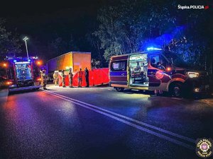 Zdjęcie wypadku drogowego nocą. Na zdjęciu w centralnym punkcie widzimy otwartą karetkę pogotowia oraz rozłożoną czerwoną kurtynę.