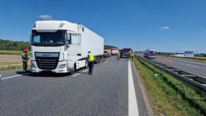 Na zdjęciu autostrada i stojący na niej Tir. Widać policjanta