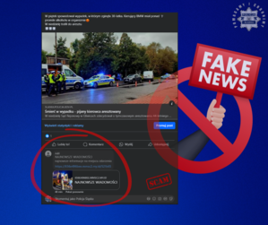 Grafika ze zdjęciem wypadku i napis uwaga fakenews